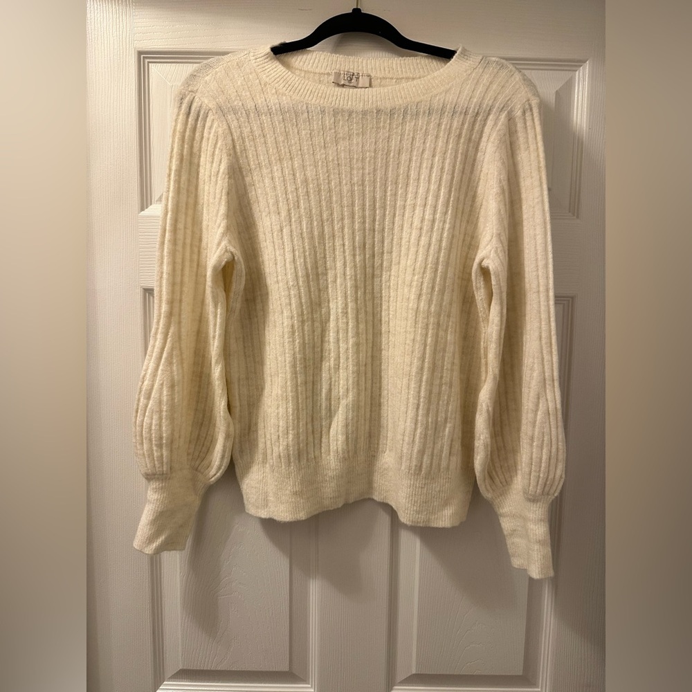 LOFT Ribbed Puff Sleeve Sweater Women’s Medium Cream Ivory Knit